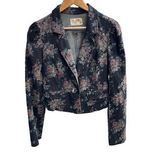 Free People Puffy Sleeves Floral Denim Jacket